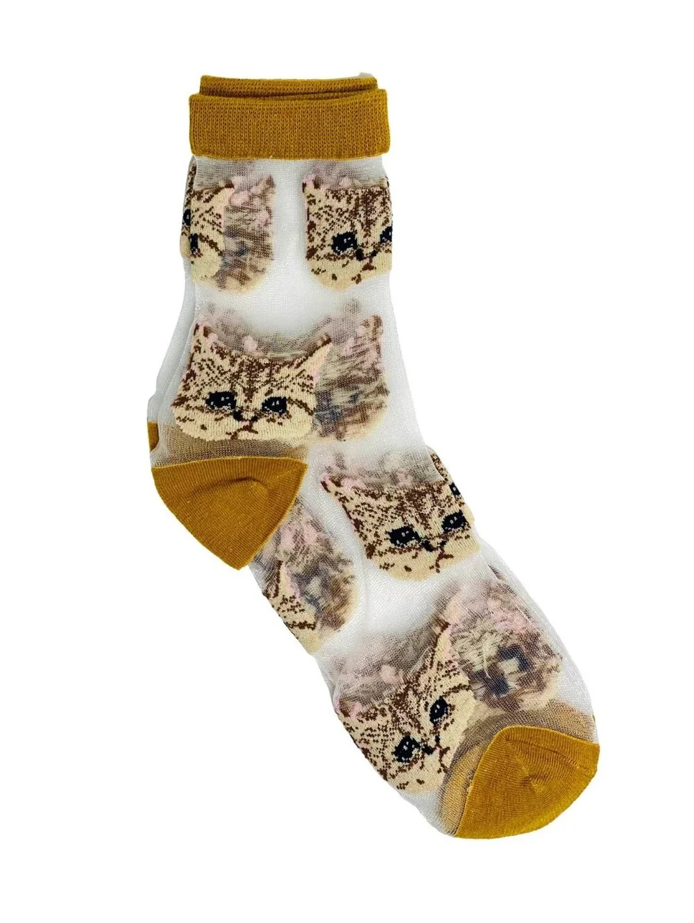 3D SHEER GOLD EMBROIDERED CAT FACE SOCKS. O/S